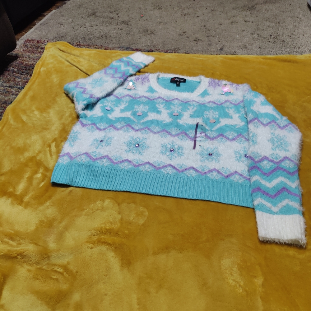 NWOT Stylish Aqua and White Sweater with Purple Accents